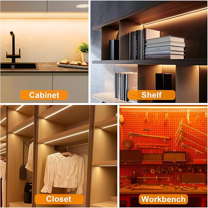 maylit Under Cabinet Strip Lighting Plug in 48in, Ultra Bright Small LED Light Bar, 2700K Warm White, Wired Lights for Kitchen Cabinet, Counter, Workbench, Desk, Closet, Shelf, Indoor