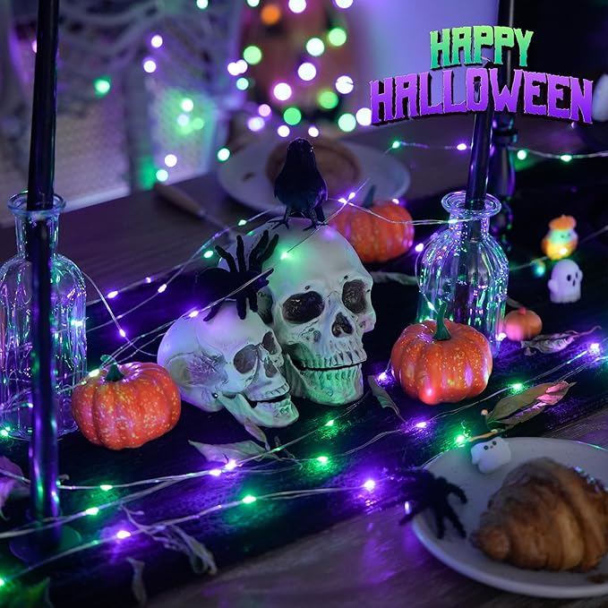 JMEXSUSS 4 Pack 50 LED Purple and Green Fairy Lights Battery Operated, 16ft String Fairy Lights for Tree Party Holiday Decor