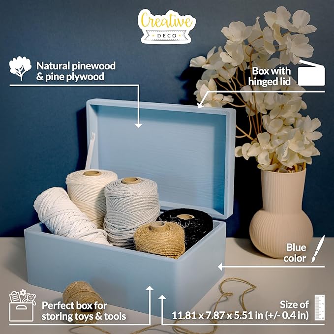 Large Blue Wooden Box Storage with Hinged Lid | 11.8 x 7.87 x 5.51 inches (+-0.5) | Gift Box Storage | Product NOT Intended for 15 Years OR Below