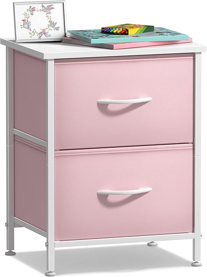 Sorbus Nightstand with 2 Drawers - Kids Bedside Furniture End Table Night Stand - Steel Frame, Wood Top & Easy Pull Fabric Bins - Dresser & Chest for Home, Bedroom Accessories, Office & College Dorm