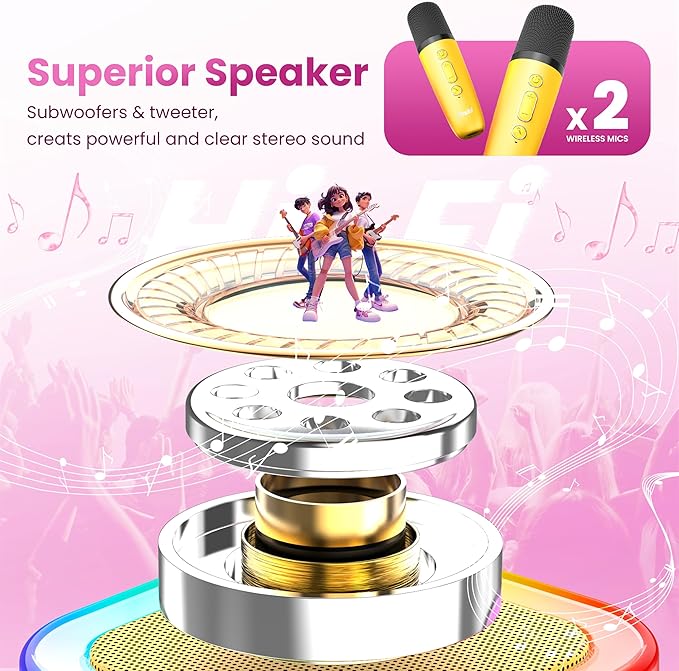 Mini Karaoke Machine for Kids Adults, Portable Karaoke Microphone Singing Speaker Bluetooth Karaoke Player with 2 Wireless Mic, Birthday Gifts for Girls Boys 4-12 Year Old, Family Home Party(Yellow)