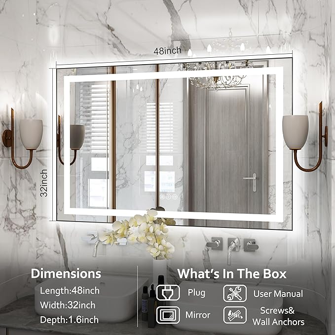 48"x 32" LED Bathroom Mirror with Black Frame, Bathroom Mirror with Lights Front and Backlit, Lighted Mirror Stepless Dimmable, Anti-Fog, Memory, LED Vanity Mirror with Lights 3 Colors