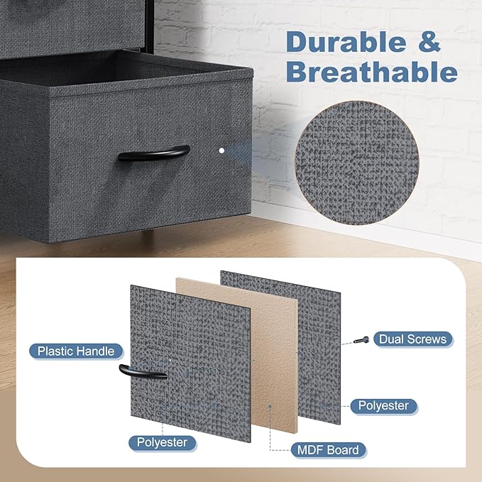 DUMOS 8 Drawer Dresser for Bedroom, Fabric Storage Organizer with Sturdy Metal Frame, Wooden Top Chest of Drawers for Closet Nursery Entryway Guest Room, Grey