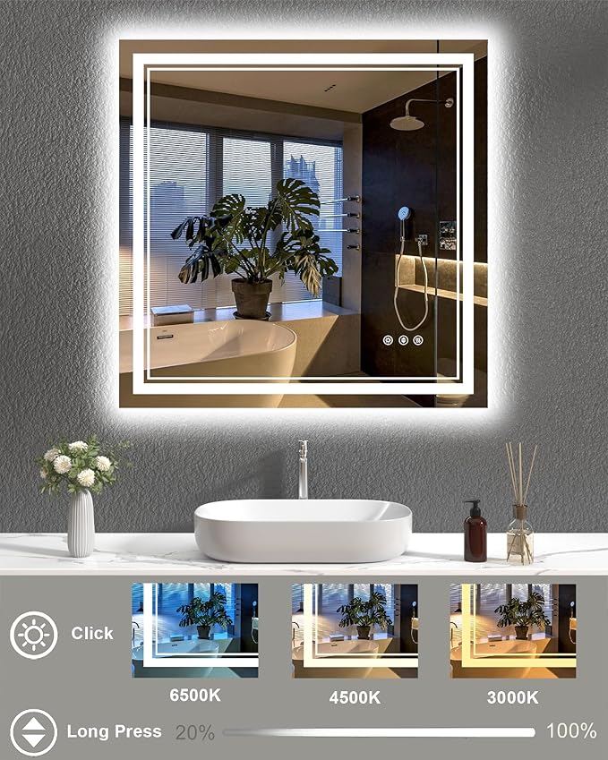 36x36 Inch LED Bathroom Mirror with Lights, Square Lighted Vanity Mirror for Bathroom Wall Mounted with Ample Illumination of 1 Backlit + 2 Front Lits, Defogging, Stepless Dimmable, Tempered Glass