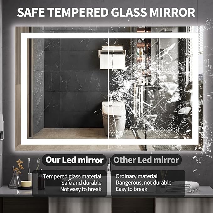 Koonmi 36x55 LED Bathroom Mirror, Backlit + Front Lit, LED Bathroom Mirror with Lights for Wall, 3 Colors, Anti-Fog, Dimmable Brightness, Memory Function, Tempered Glass