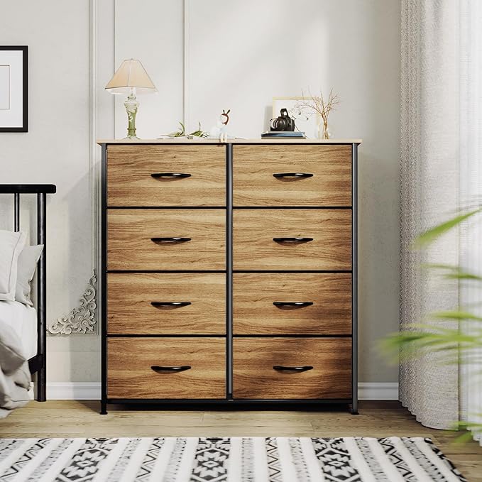 YITAHOME Dresser with 8 Drawers - Fabric Storage Tower, Organizer Unit for Bedroom, Living Room, Hallway, Closets - Sturdy Steel Frame, Wooden Top & Easy Pull Fabric Bins, Burlywood Grain