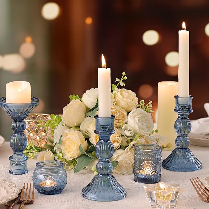 DARJEN 2 Pcs Blue Candlestick Holders - Vertical Stripe Glass Candle Holders for Taper and Votive Candles, Taper Candle Holder for Home, Wedding, Party, Dinner Table Decor
