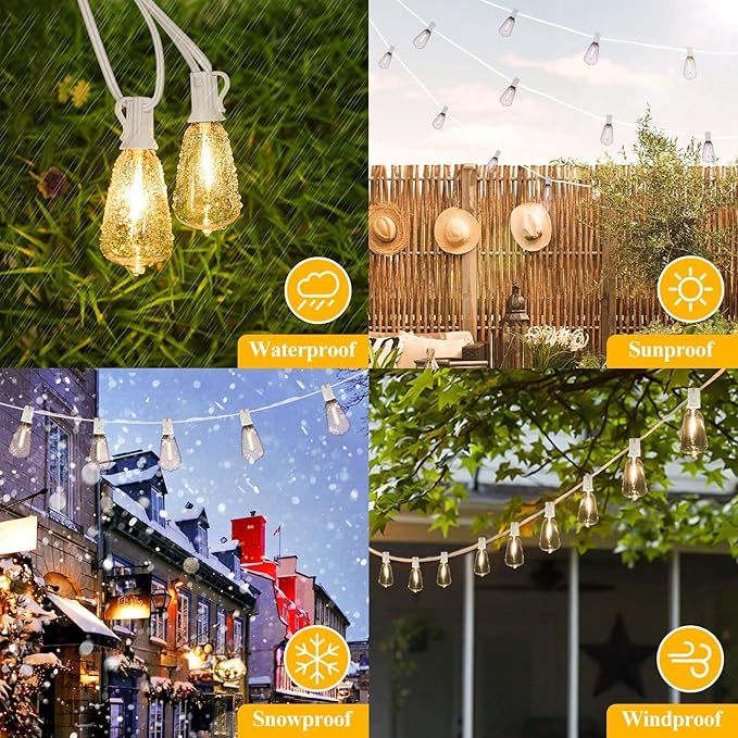 Brightever 50FT Outdoor String Lights Weatherproof, Patio Lights with 25+2 ST38 Edison Shatterproof Bulbs, Commercial Grade Warm White LED String Lights Decorative for Christmas, Wedding, Party, White