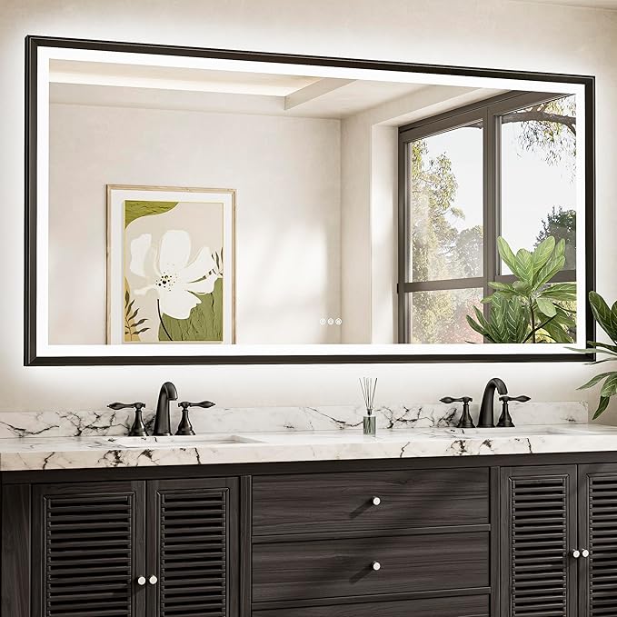 TETOTE 72x36 LED Mirror for Bathroom Black Metal Frame Frontlit & Backlit Lighted Vanity Mirror Baroque Gothic Anti Fog Stepless Dimmable White/Warm/Natural,CRI90+,Wall Mounted(Horizontal/Vertical)