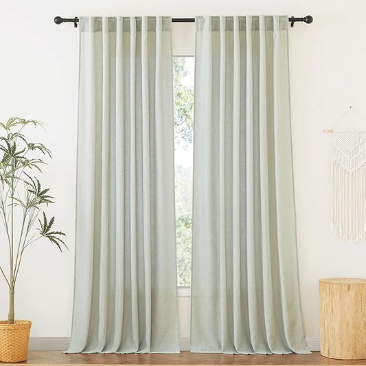 RYB HOME Natural Linen Curtains for Sliding Glass Door Bedroom, Semi Transparent Half Privacy 102 inches Long Rustic Semi Sheer 2 Panels Set, W 52 x L 102 inches, Sage Green, 2 Panels