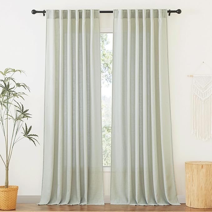 RYB HOME Sage Green Linen Blend Semi Sheer Curtains, 2 Panels Set, Light Filtering, Privacy Protected, Drapes for Living Room, 52 x 84 inch