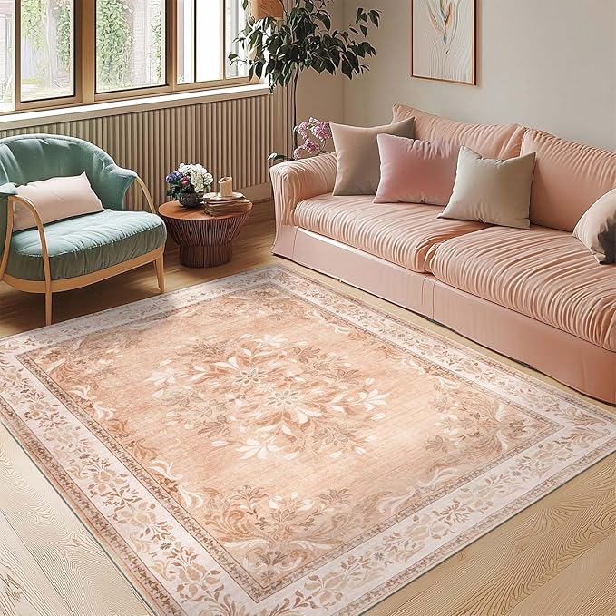 jinchan Vintage Floral 4x6 Area Rugs - Machine Washable Distressed Design Soft Ultra-Thin Low-Pile Non-Slip Carpet for Entryway Kitchen Bedroom Nursery Living Room Dining Room (4x6ft,Coral Pink)