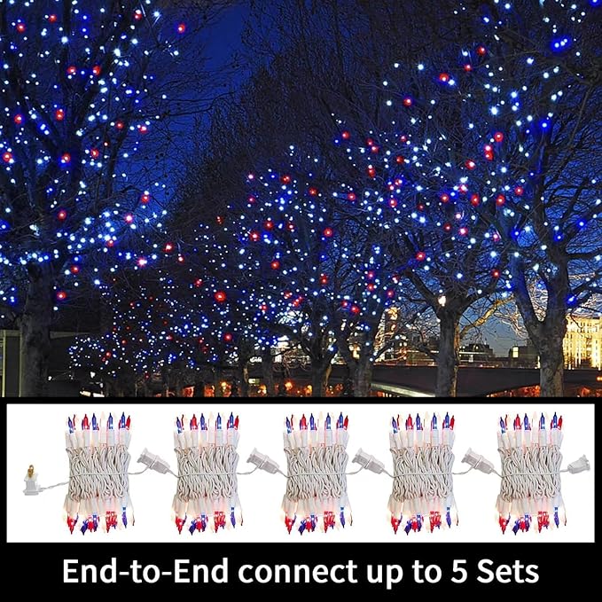 LAMPHOME 31.9FT 150-Count Red White and Blue Mini Lights,4th of July Patriotic String Light White Wire, Independence Day Lights for Indoor Outdoor Christmas Party Decor,Red White Blue