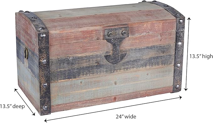 Household Essentials Small Wooden Storage Trunk, Weathered Wood with Paint Finish, Hinged Lid with Metal Accents