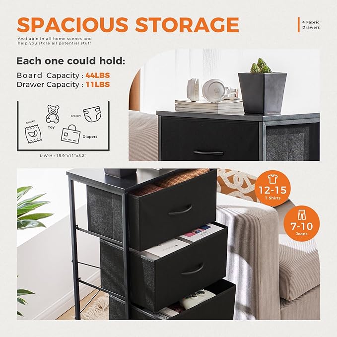 Sweetcrispy Dresser for Bedroom with 4 Drawers, Storage Drawers, Skinny Fabric Storage Tower, Tower Organizer Unit, Chest of Drawers with Wooden Top for Closet, Living Room, Entryway