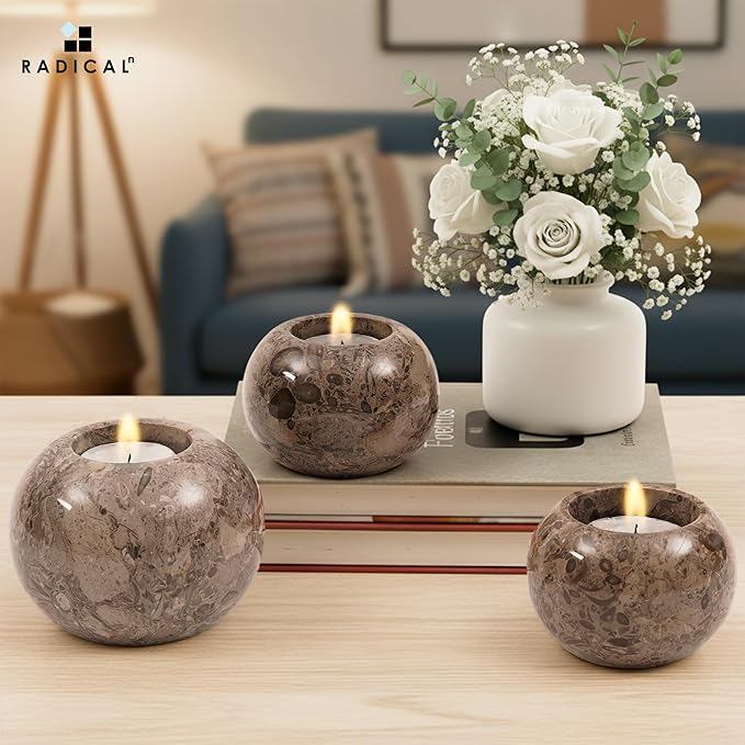 Radicaln Marble Tealight Candle Holder 4" Inches Oceanic Handmade Decorative Candle Accent for Wedding Table, Farmhouse Dining Table Centerpiece, Ideal Set of 3 Small Votive Candle Holders
