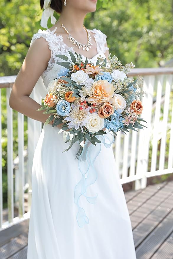 Artificial Flowers Combo Fake Silk Flowers Fall Bouquets for DIY Wedding Bouquets Centerpieces Party Baby Shower Home Decorations (Blue White)