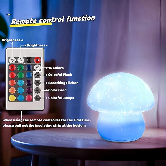 ANGTUO 16 Colors Mushroom Night Light Include Remote Control, Mushroom Lamp Dimmable and Rechargeable