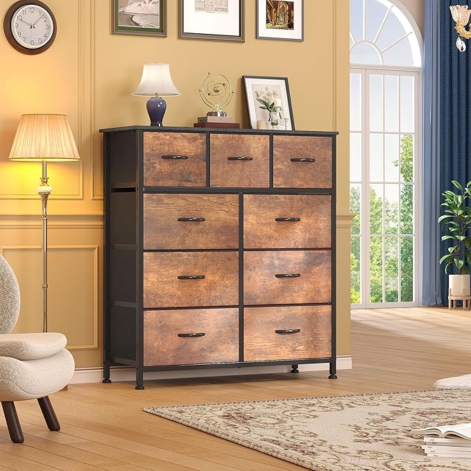 DWVO Dresser with 9 Drawers - Fabric Storage Tower, Organizer Unit for Living Room, Hallway - Sturdy Steel Frame, Wooden Top & Easy Pull Fabric Bins