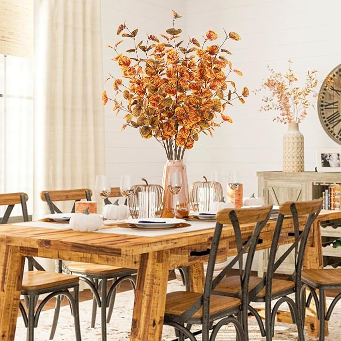 6pcs Artificial Fall Eucalyptus Leaves Stems 30" Faux Fall Leaf Fall Branches Autumn Decorations for Home Fall Floral Arrangements Farmhouse Table Centerpiece Decor, Yellow