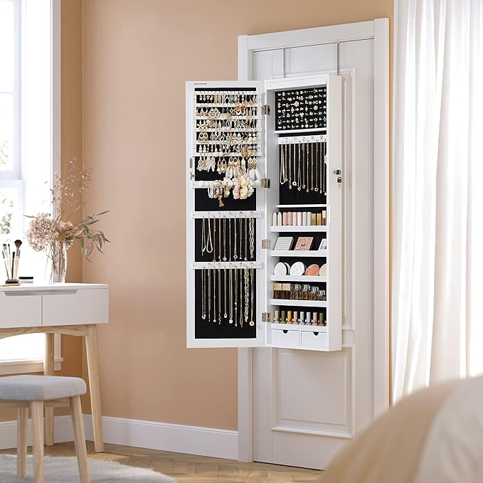 SONGMICS 6 LEDs Mirror Jewelry Cabinet, 47.2-Inch Tall Lockable Wall or Door Mounted Jewelry Armoire Organizer with Mirror, 2 Drawers, Christmas Gift, 3.9 x 14.6 x 47.2 Inches, White