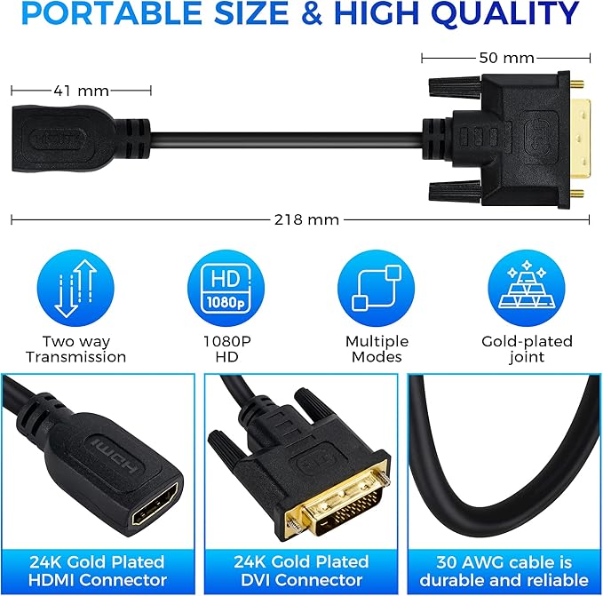 HDMI Female to DVI Male Adapter (2 Pack)，Bi-Directional DVI Male to HDMI Female Connector, Support 1080P Full HD Compatible for Roku, Xbox One, PS5，PS4, Blue-ray DVD, A/V Receivers-0.6ft