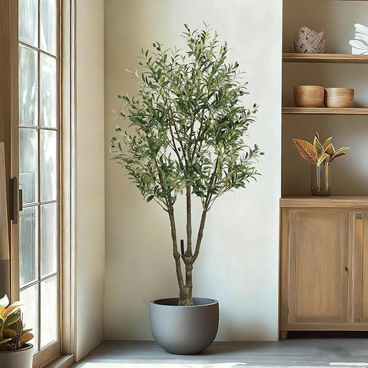 Faux Olive Tree 6ft(74in) Tall Artificial Plant Indoor Decor Large Realistic Potted Fake Modern Greenery with Natural Wood Branches and Green Leaves for Home Living Room,Bedroom,Office Decor.
