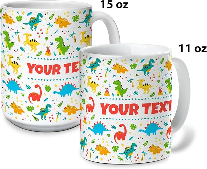 Personalized Mug for Kids - Dinosaurs - Custom Name/Text, Ceramic Hot Chocolate/Cocoa/Coffee Cup for Boys/Girls, Birthday/Christmas/Holiday Gift - 15 oz, Black Handle