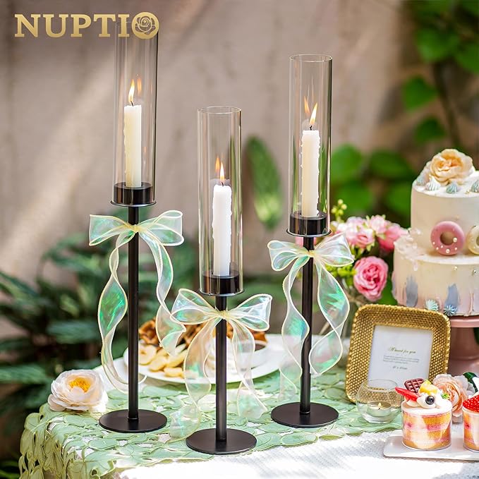NUPTIO Hurricane Glass Candle Holders: 3 Pcs 23.6 & 21.7 & 19.7 in Tall Black Modern Metal Candlestick Tapers Holder with Cylinder Sleeves Antique Taper Candles Stand for Halloween Christmas Decor