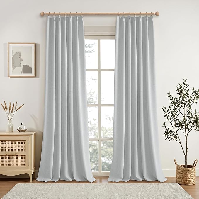 Light Grey 95 Inch Pinch Pleated Blackout Curtains for Sliding Glass Door, 60” Wide Pinch Pleat Linen Curtains for Living Room French Door, Privacy Assured Elegant Modern Home decor(60Wx95L,2 Panels)