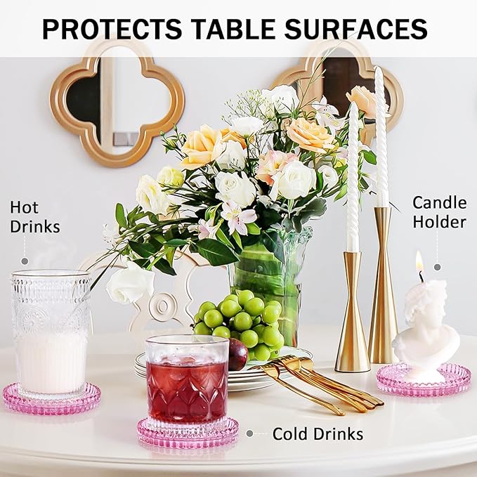 Glass Candle Holders, GOH DODD Set of 8 Crystal Pillar Plates Modern Coasters for Drinks, Centerpiece, Home Decor, Kitchen, Living Room, Patio, Wedding, Halloween, Christmas, Party, Clear Pink