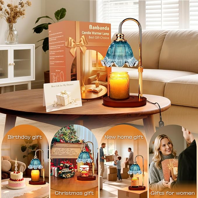 Candle Warmer Lamp with Timer Dimmable: Birthday Gifts for Women & Home Bedroom Decor, House Warming Gifts New Home– Wax Warmer Gifts for Mom - Adjustable Height,3 Timing Mode, 4 Level Dimming (Blue)