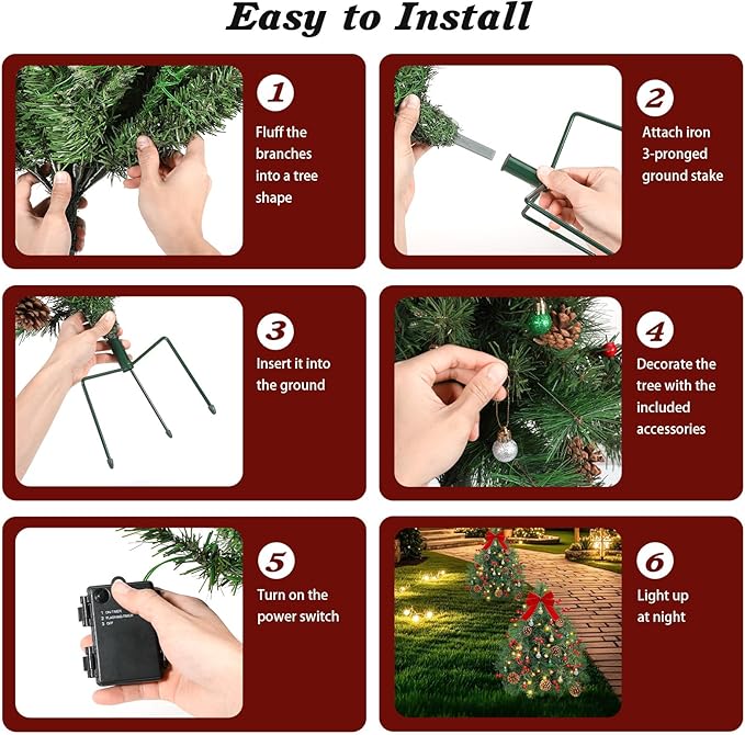 Lewondr Set of 2 Prelit Pathway Christmas Trees, 27.56" Outdoor Christmas Tree with 50 LED Lights, Pine Cones Red Berries, Battery Operated Outdoor Xmas Decor for Yard Home Porch, Green