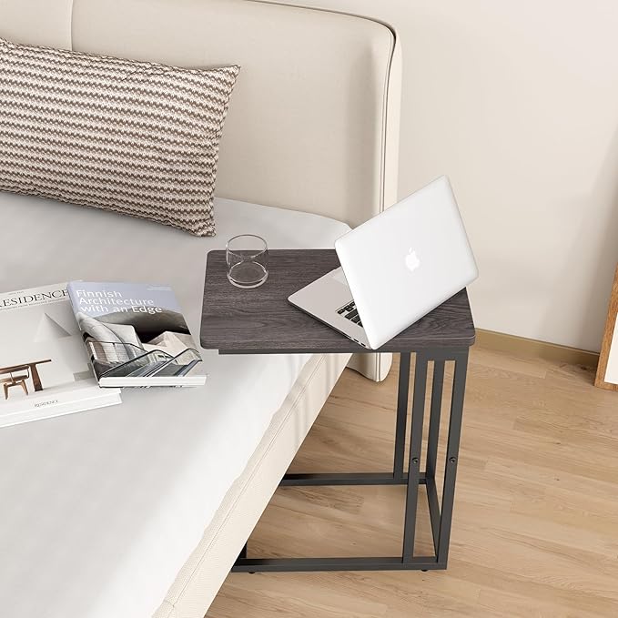 Yusong C Shaped End Table - Slide Under Sofa Couch Bed, Small Table for Small Spaces, Skinny Overbed, Coffee Drink Snack Table for Living Room, Grey Oak