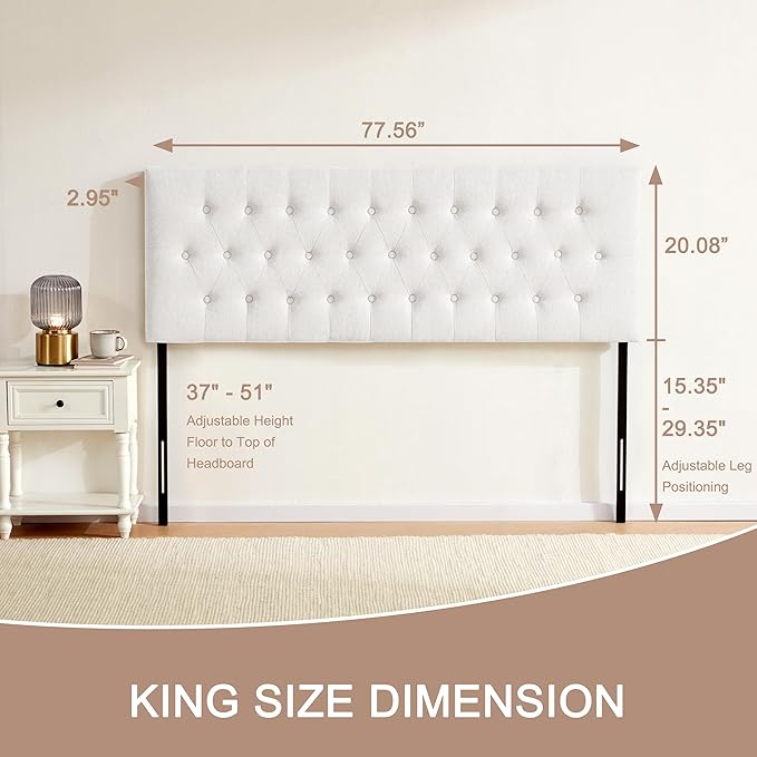 Tufted Upholstered Headboard King Size, Solid Wood Head Board with Durable Metal Legs, Adjustable Height Bed headboard from 37" to 51" Fabric Headboard in Modern Button Design, White