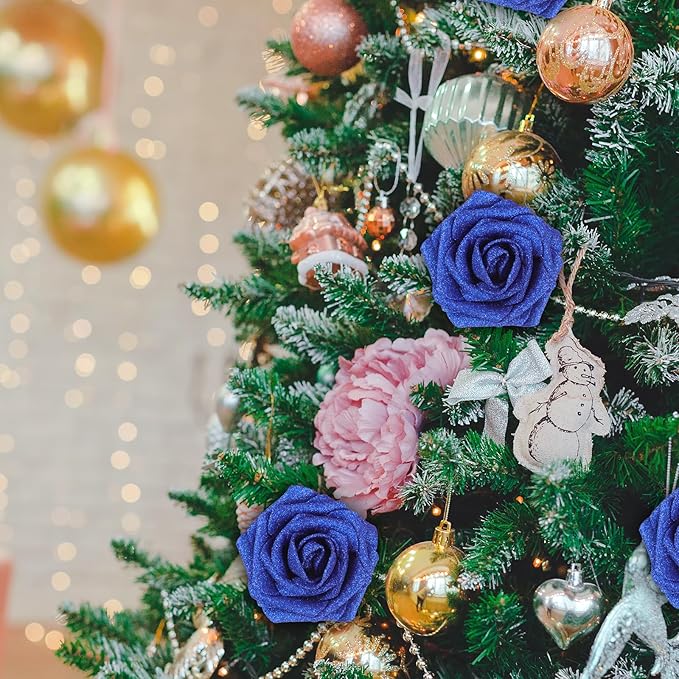 MACTING 30PCS Artificial Glitter Flowers Fake Flowers with Stem Real Touch Foam Roses for Wedding Bouquet Table Centerpieces Party Wreath Home Spring Mothers Day Decorations(Royal Blue)