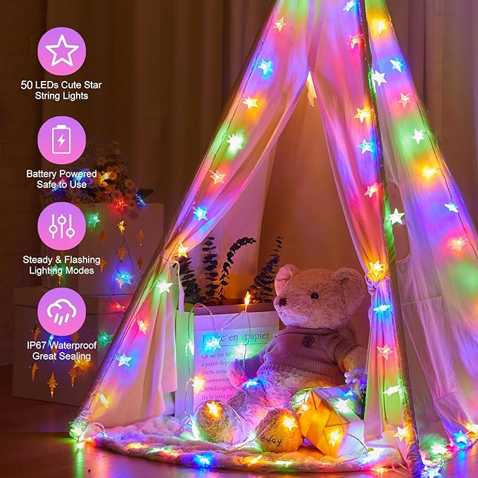 Minetom Star String Lights Battery Operated - 2 Pack 17 ft 50 LED Star Fairy String Lights with Timer, Waterproof for Indoor Bedroom Tent Loft Bed Patio Party Wedding Decor, Multi-Color