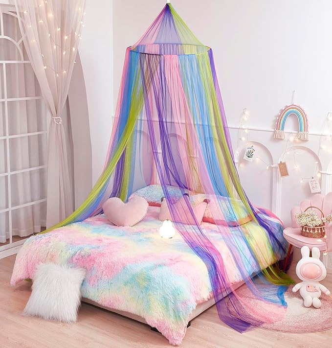 Rainbow Bed Canopy for Girls, X-Large Princess Bed Canopy Rainbow Bedroom Accessories Decor,Girls Mosquito Net Dome Canopy for Twin to King Size Bed