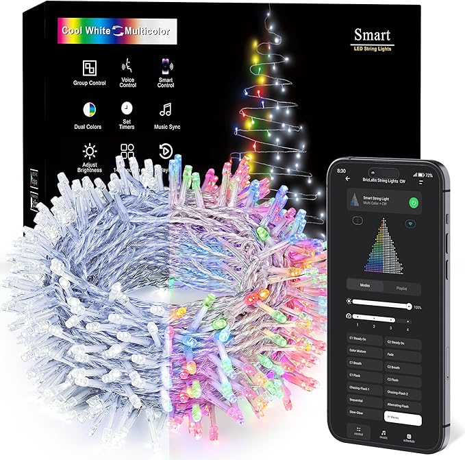 BrizLabs Smart Christmas String Lights,115FT 300 LED Color Changing Christmas Lights App & Voice Control, Cool White & Multicolor Mini Light String, Music Sync Xmas Tree Light for Indoor Outdoor Decor