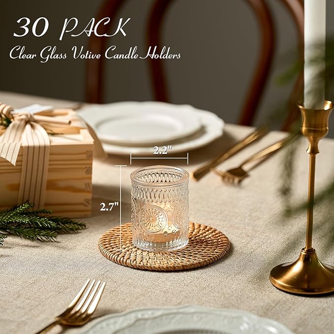 30 Pack Clear Glass Votive Candle Holders, Vintage Candle Holder Bulk, Tealight Candle Holders for Table Centerpieces, Home, Bridal Shower, Birthday, Christmas, Thanksgiving Party Table Decor