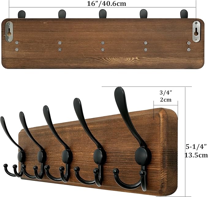 WEBI Rustic Coat Rack Wall Mounted,Wood Coat Hanger Wall,5 Coat Hooks,16" Hole to Hole,Hook Rack Rail,5 Triple Hooks for Hanging Jacket,Clothes,Hats,Entryway,Brown,2 Packs