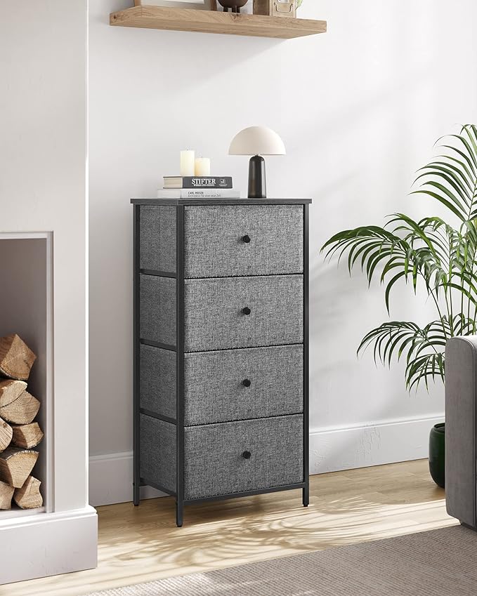 SONGMICS Dresser for Bedroom, Fabric Dresser with 4 Drawers, Metal Frame, Small Chest of Drawers, Gray and Black with Wood Grain ULTS314G22