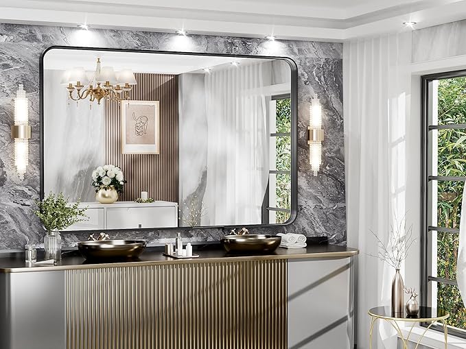 Hasipu Black Bathroom Wall-Mounted Mirror 59x39 Inch Rounded Rectangle Vanity Mirror Metal Framed Wall Mirrors Anti-Rust Surface Mount (Hangs Horizontal or Vertical)
