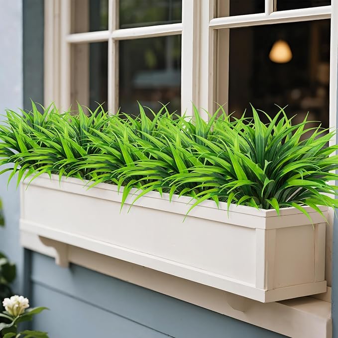 Ouddy Decor 20 Pcs Fake Outdoor Plants Artificial Grass Greenery Stems Faux Plastic Plants UV Resistant for Indoor Outside Garden Hanging Planter Pathway Porch Patio Window Box Home Decor, Green