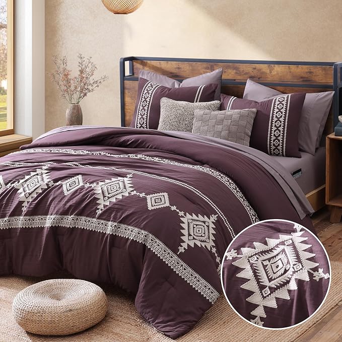 MaiRêve Embroidery King Size Comforter Set Purple, Boho Farmhouse Western Bedding Set 7 Pieces, All Season Bed in A Bag Comforter Set with Sheets, Pillowcases & Shams
