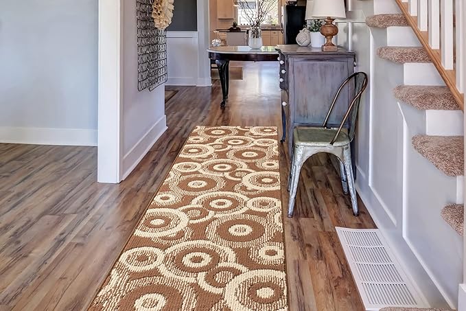 Custom Length Cut to Size Modern Farmhouse Carpet Runner Rug for Hallways, Non Slip Rubber Backed, 31 inch Wide X Customized Length, Geo Brown, 31 inch X 30 feet