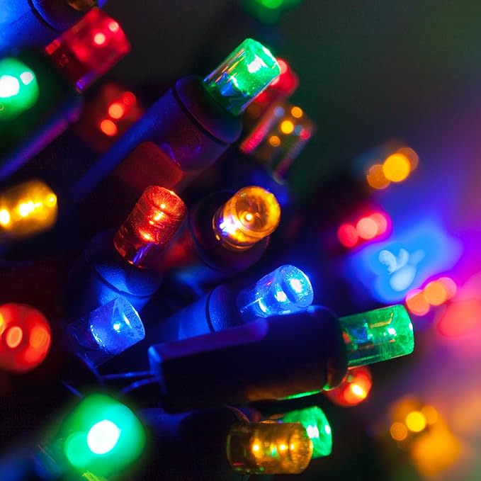 50 Multicolor 5mm LED Christmas Lights, 25 ft Green Wire Indoor/Outdoor Wide Angle Mini String, 6" Spacing, Commercial Grade Party & Holiday Decorations