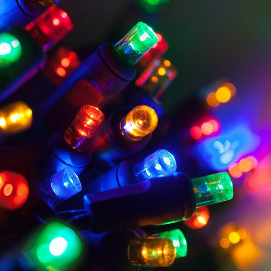 50 Multicolor 5mm LED Christmas Lights, 25 ft Green Wire Indoor/Outdoor Wide Angle Mini String, 6" Spacing, Commercial Grade Party & Holiday Decorations