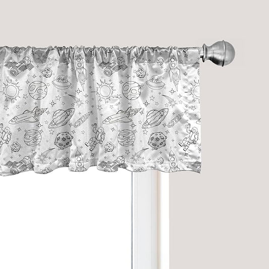 Ambesonne Cartoon Window Valance Pack of 2, Doodle Solar System Astronauts Space Crafts Shooting Stars Science Fiction Theme, Rod Pocket Curtain Valances for Kitchen Bedroom, 54" X 18", White Black
