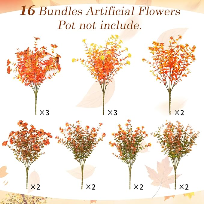 Artificial Fake Mums Flowers Plants for Outdoors Autumn Fall Decoration,16 Bundles Faux mums Mix Silk Glory UV Sun Resistant, Realistic Fall Flowers for Planter Porch Patio Yard Balcony Home Decor